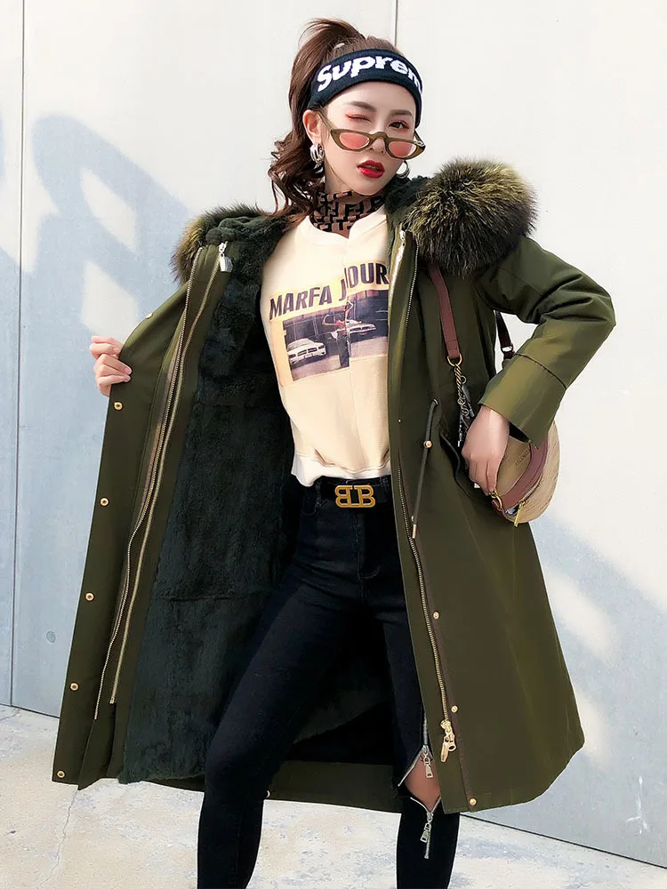 Женское длинное пальто с мехом енота на капюшоне MY3577|Шубы и дубленки| |