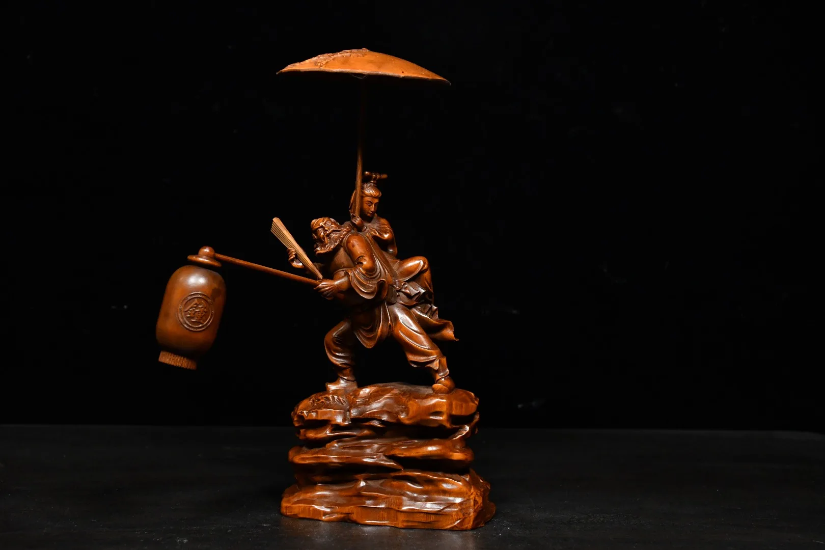 

7" China Lucky Seikos Boxwood Zhong Kui married sister statue Take the folding fan and wear the demon sword Exorcism Town House