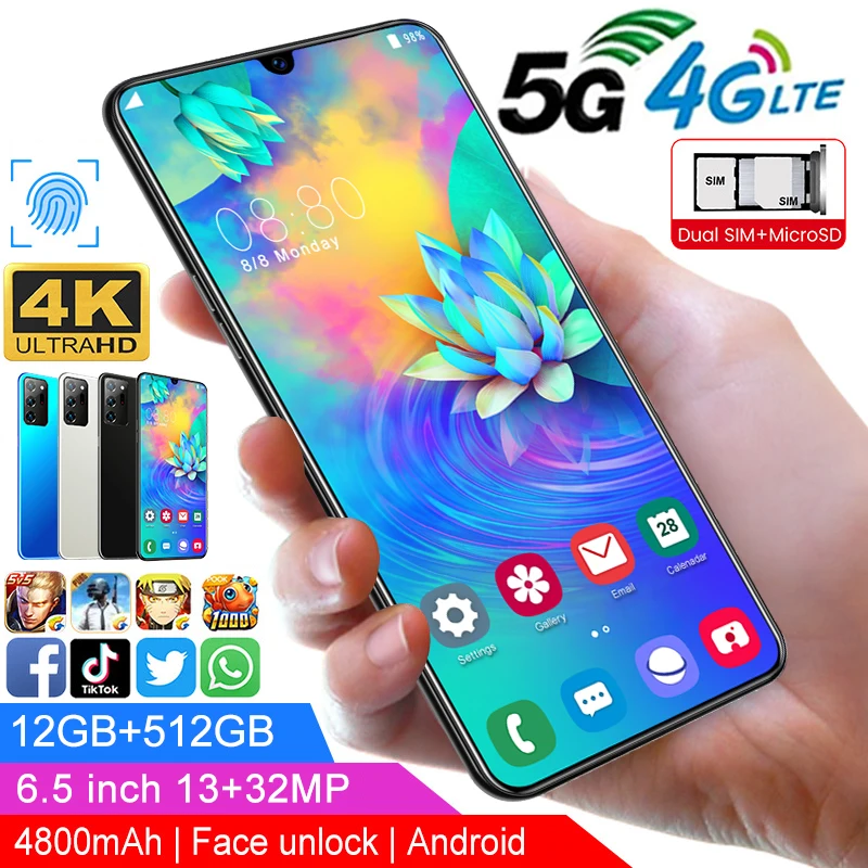 

Note20u Android 10.0 Mobile Phone 6.5inch FHD+ 24MP 12G RAM 512GB ROM Triple Camera Smartphone 4G gsm Global Type-C plug phones