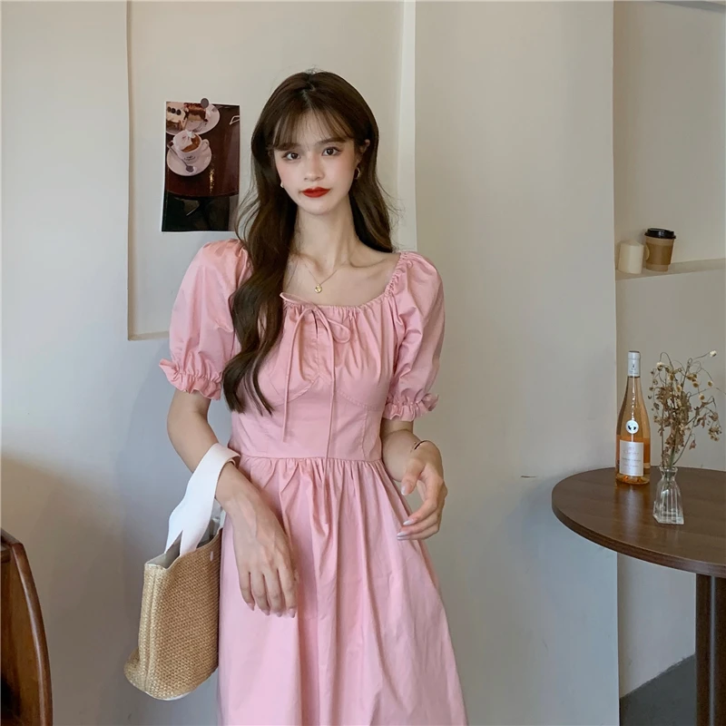 

New Woman Casual Pink Dress Short Sleeves Square Collar Ladies Midi Party Slim Waist Maxi Long Dress Robe