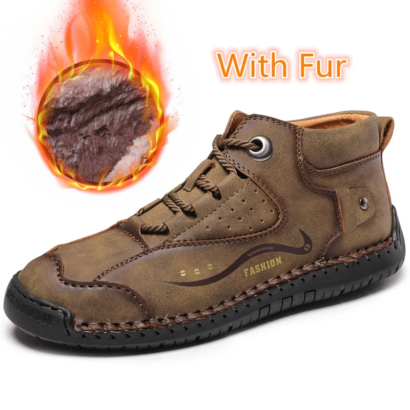With fur khaki Мужские ботинки; зимние кожаные теплые ботинки высокого качества; легкие водонепроницаемые ботильоны на шнуровке с мехом; Рабочая обувь; размеры 38-46 - Цвет: With fur khaki