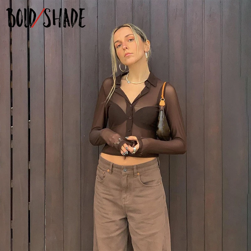 

Bold Shade Streetwear 90s Grunge Indie Blouse Button Mesh Transparent Long Sleeve Slim Women Shirts Summer Thin Sexy Vintage Top