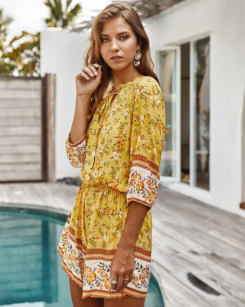 

New Fashion Women's Playsuit Bodycon Party Short Jumpsuit Mini Romper V-neck Women's Floral Summer Beach Casual Women Clothes