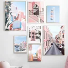 Автомобиль океан Розовый телефонная будка маленький город настенная Картина на холсте скандинавские плакаты и принты настенные картины для гостиной Декор