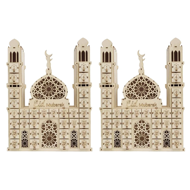 

2X Eid Mubarak Countdown Calendar DIY Wood Ramadan Decoration Wooden Small Candy Gift Drawer for Home Party Decoration 1