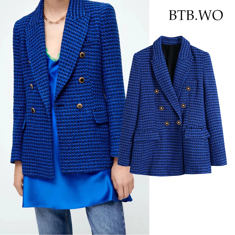 

BTB.WO Za Blazer Women 2021 Casual Traf Autumn Winter Thick Tweed Woolen Blazers Coat Female Check Double Breasted Suit Jacket