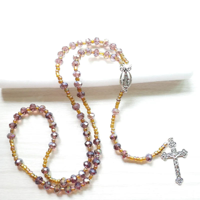 

QIGOThe Strand Rosaries Purple Crystal Beads Cross Necklace Long Catholic Jewelry For Women