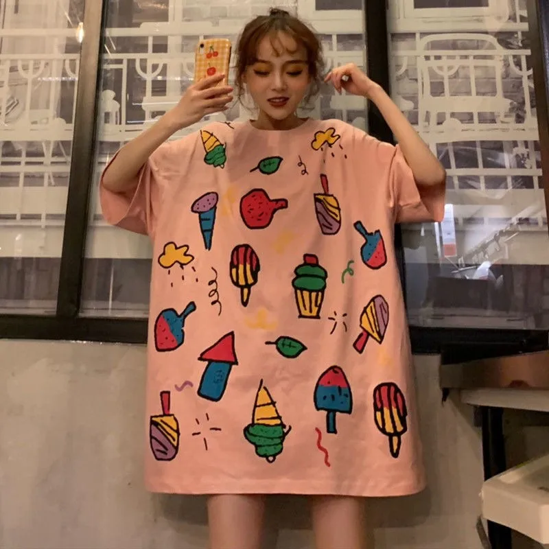 Футболка в стиле преппи с милым мультяшным принтом Харадзюку женская одежда