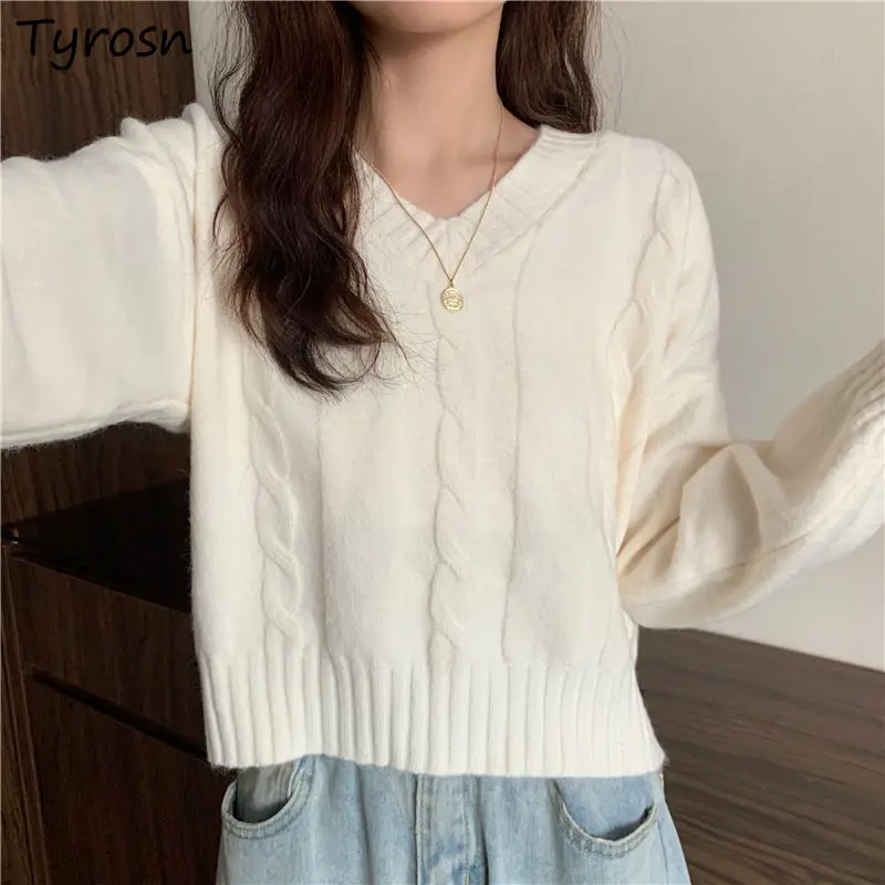 

Женские укороченные пуловеры, Удобные однотонные белые вязаные свитера для ленивых, милые модные мягкие свободные джемперы с V-образным выр...