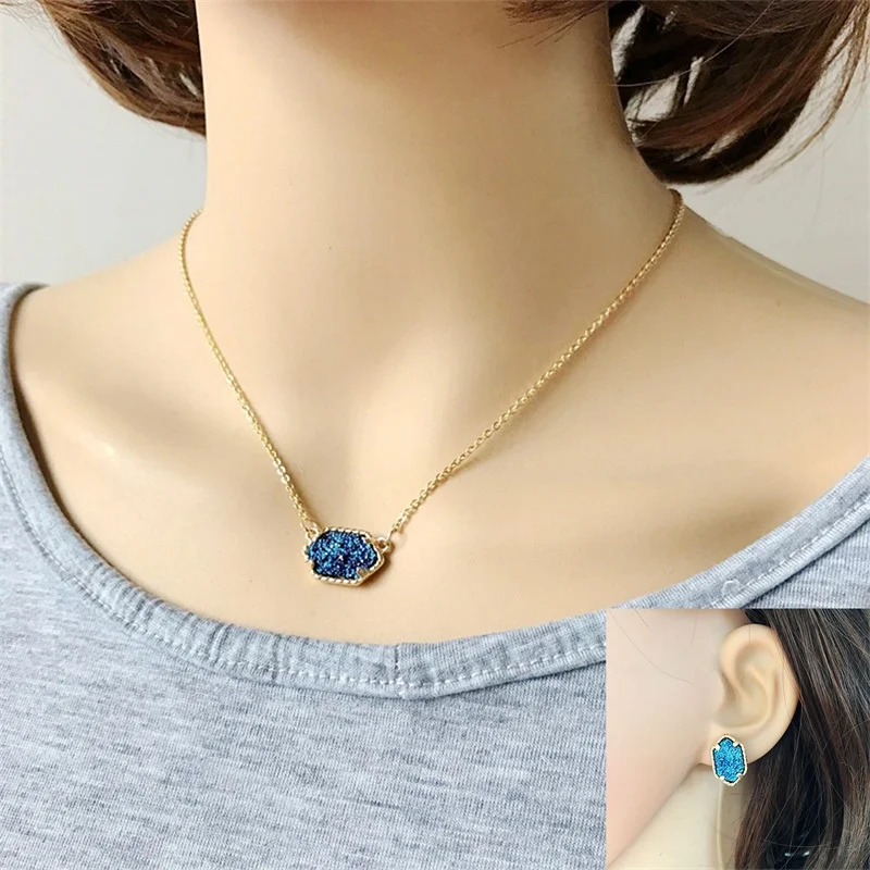 Druzy Drusy ожерелье серьги ювелирный набор кристалл смолы с камнем Золотой Бренд