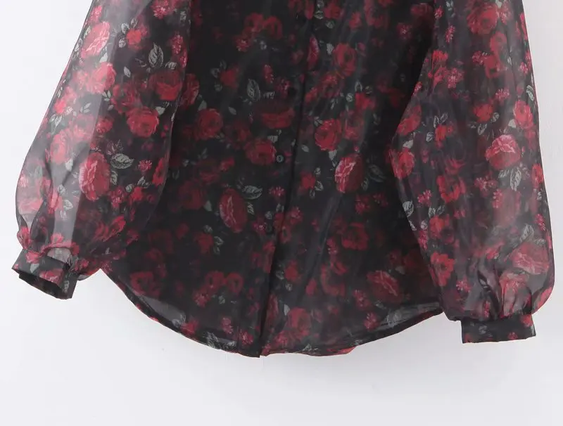 Vintage Stylish Floral Print Organza Blouse Women Fashion Lantern Sleeve See Through Sexy Female Shirts Blusas Chic Tops