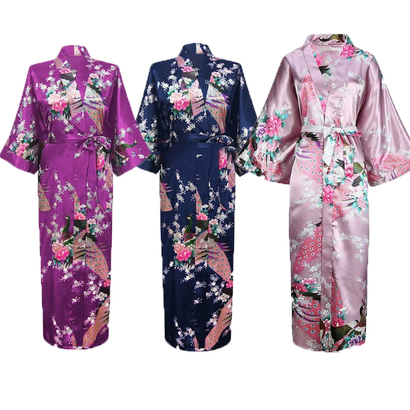 

Long Style LoosKimono Haori Japanese Satin Peacock Woman Yukata Dress Sleepwear Oriental Chinese Qipao Nightgown Robe