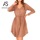 Женское платье с длинным рукавом ANSELF, сексуальное платье трапециевидной формы с v-образным вырезом и пуговицами на талии, свободное повседневное мини-платье размера плюс 3XL на осень