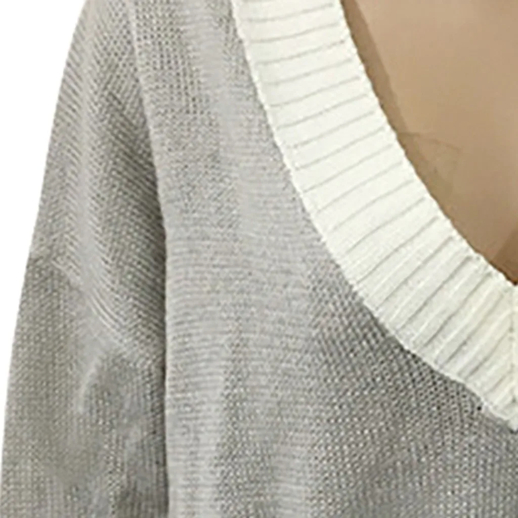 

Plus Size Sweater Female Patchwork Loose Womens Long Sleeve Pullover Patchwork V-Neck Sweater Knitted Tops Jumper Sueter Mujer
