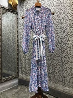 top quality new spring dress 2022 fashion women turn down collar vintage floral print bow belt long sleeve casual boho dress