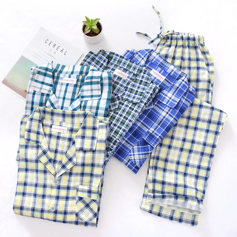 Мужской Хлопковый марлевый клетчатый Пижамный костюм осенняя тонкая пижама с