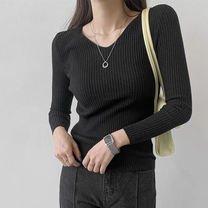 

동문 문 5 цветов s облегающий женский свитер с V-образным вырезом Пуловер 2022 вязаная одежда новый однотонный высококачественный осенний попул...