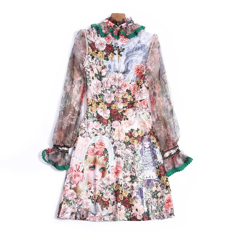 

Designer High Quality Fashion Elegance Spring New Women'S Ruffled Mesh Beading Bell Sleeve Patchwork Flowers Print Mini Dress