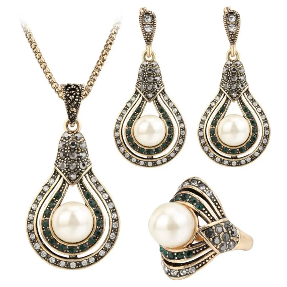 

Turkish Style Bridal Faux Pearl Necklace Ring Earrings Jewelry Set Party Gift