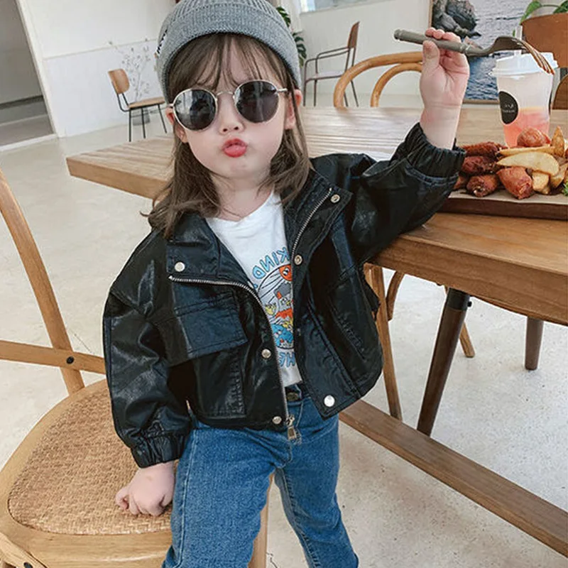 

WLG Boys Girls Jackets Kids Clothes Fall Winter Short Style Black PU Coat Baby Fashion All Match Tops for 2-6 Years