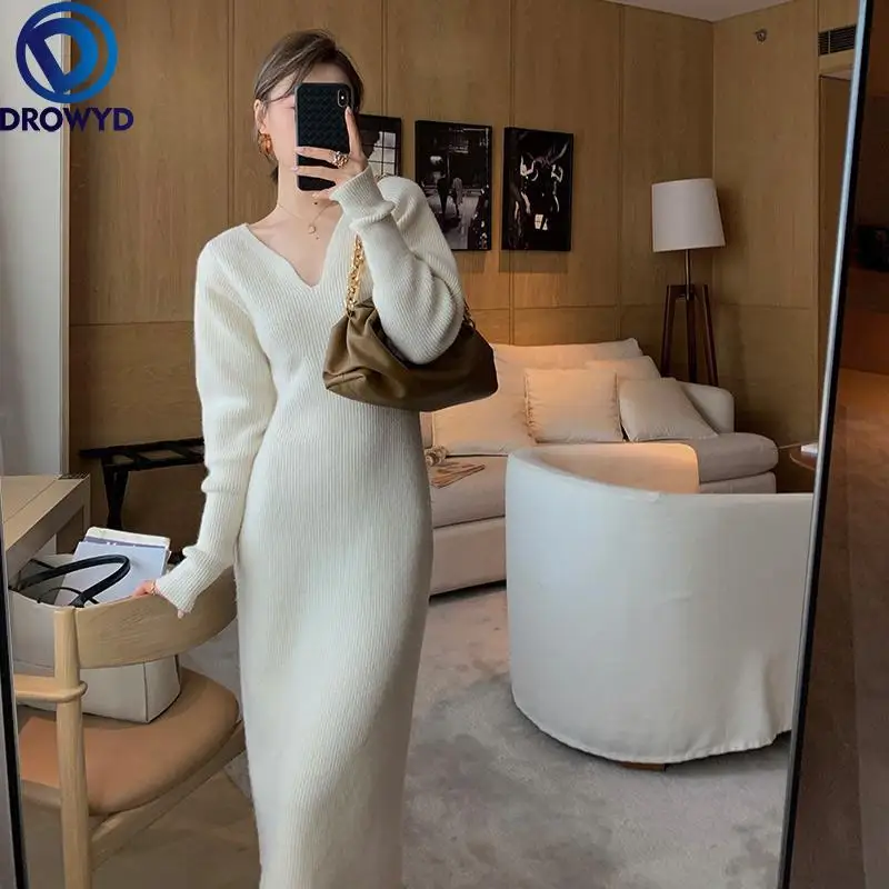 

Женское трикотажное платье с V-образным вырезом, длинным рукавом и высокой талией