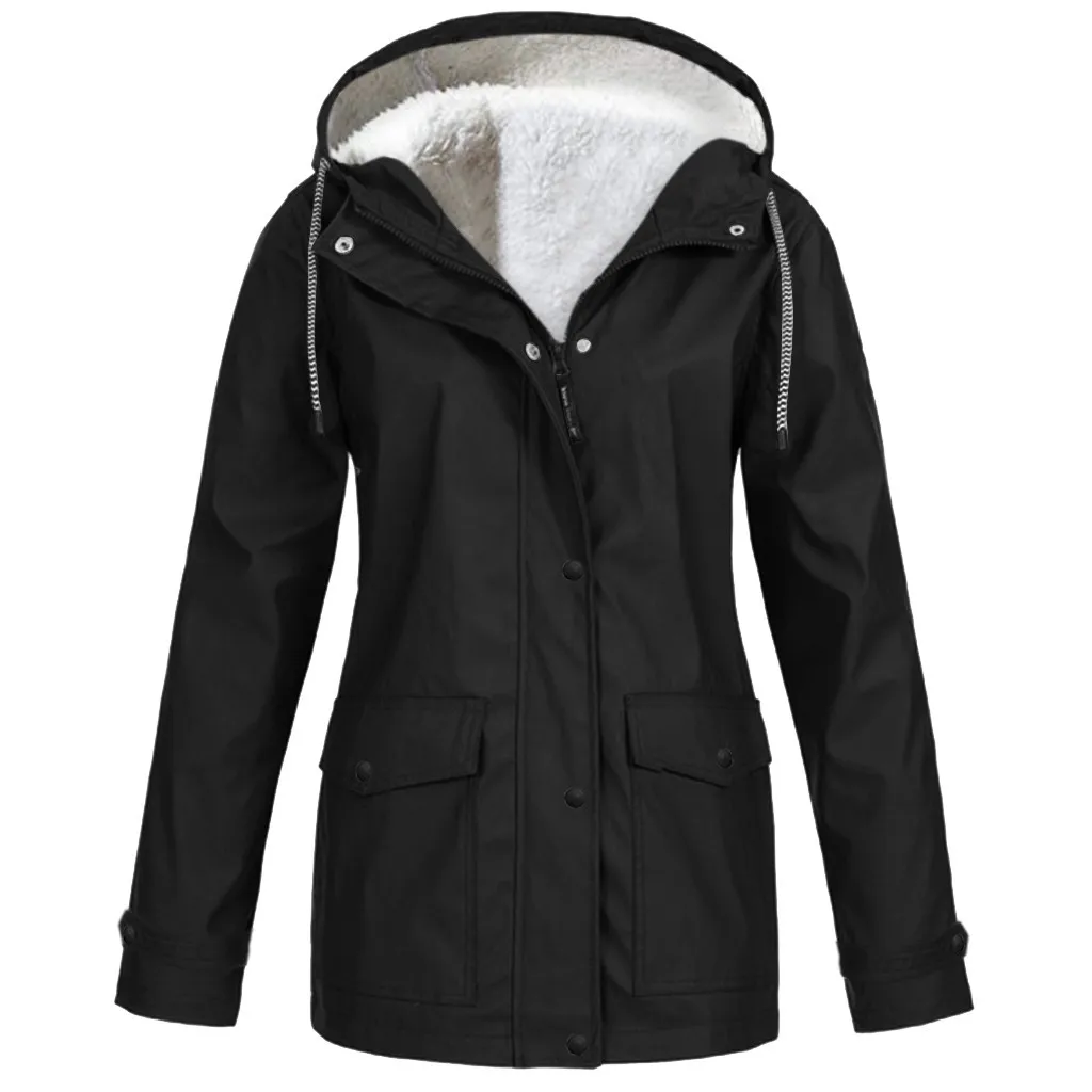 

Camping Hiking Clothes Women Loose Warm Solid Rain Jacket Outdoor Plus Size Waterproof Hooded Raincoat Windproof Coat