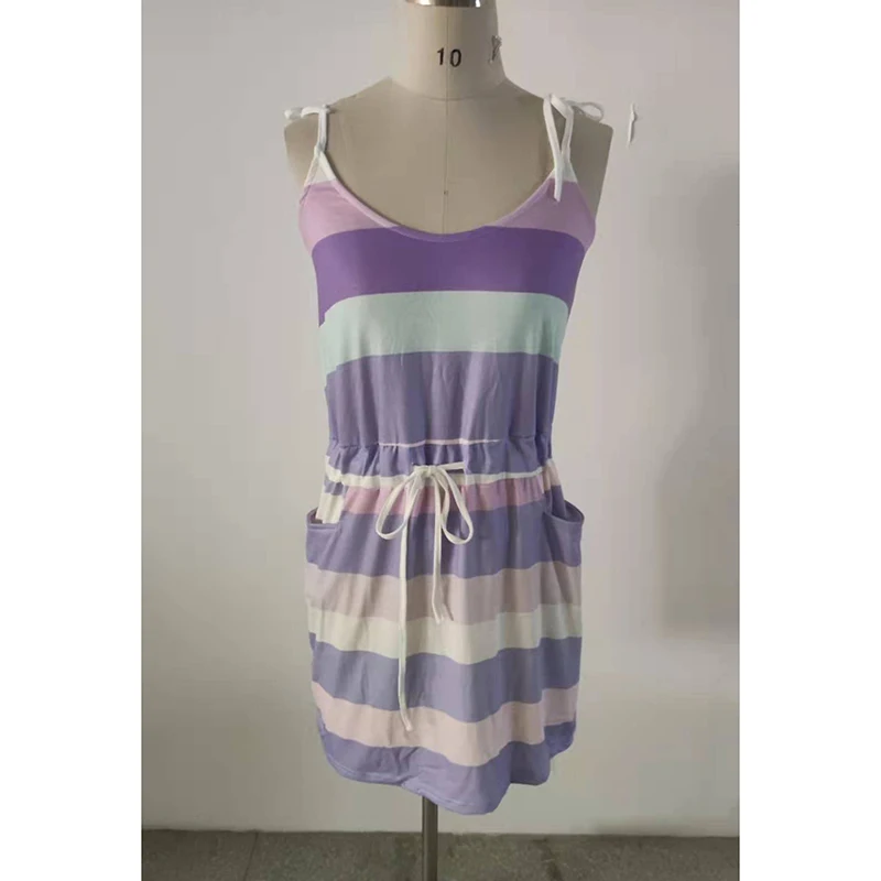 

2021 New Strap Stripes Dress Tight Waist Sleeveless V-Neck Dresses Color Matching Commute Vestidos Summer Clothes For Women