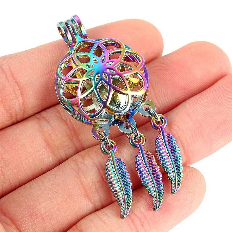 Радужный цветок Ловец снов листья бусины лист клетка кулон эфирное масло