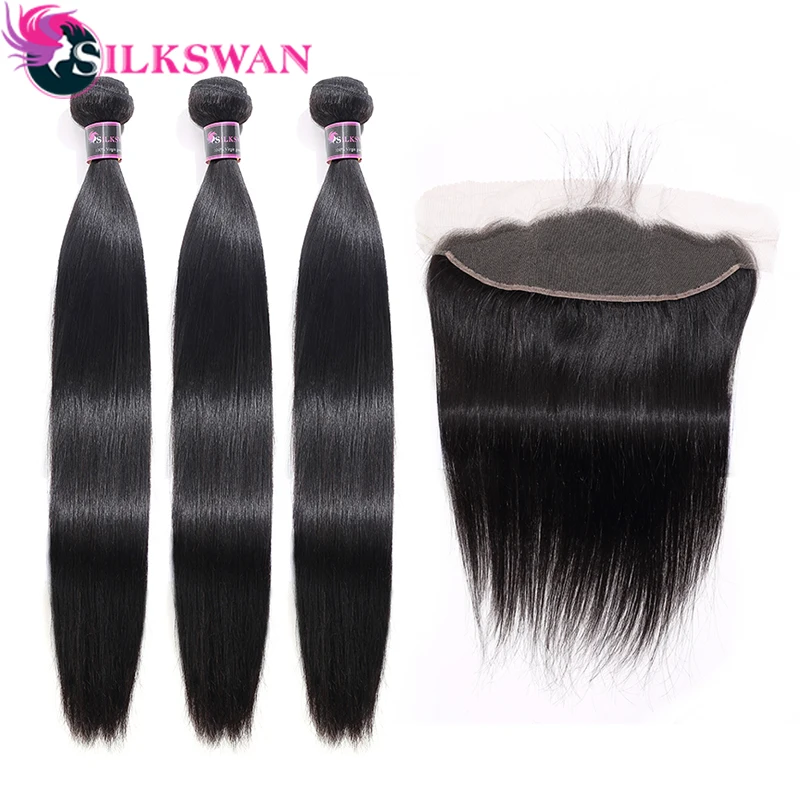 Silkswan волосы индийские прямые 13x4 кружева Фронтальная с 3 пряди Remy человеческие волосы часть