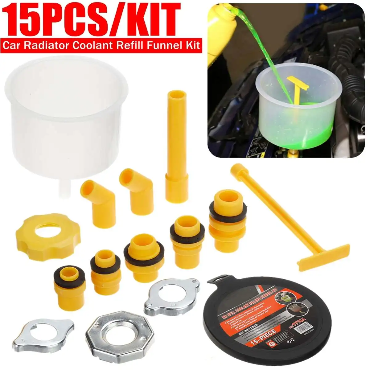

New 15PCS Car Spill Proof Radiator Coolant Refill Filling Funnel Kit Spill Proof Cooling System Tool Fill Kit Plastic Antifreeze