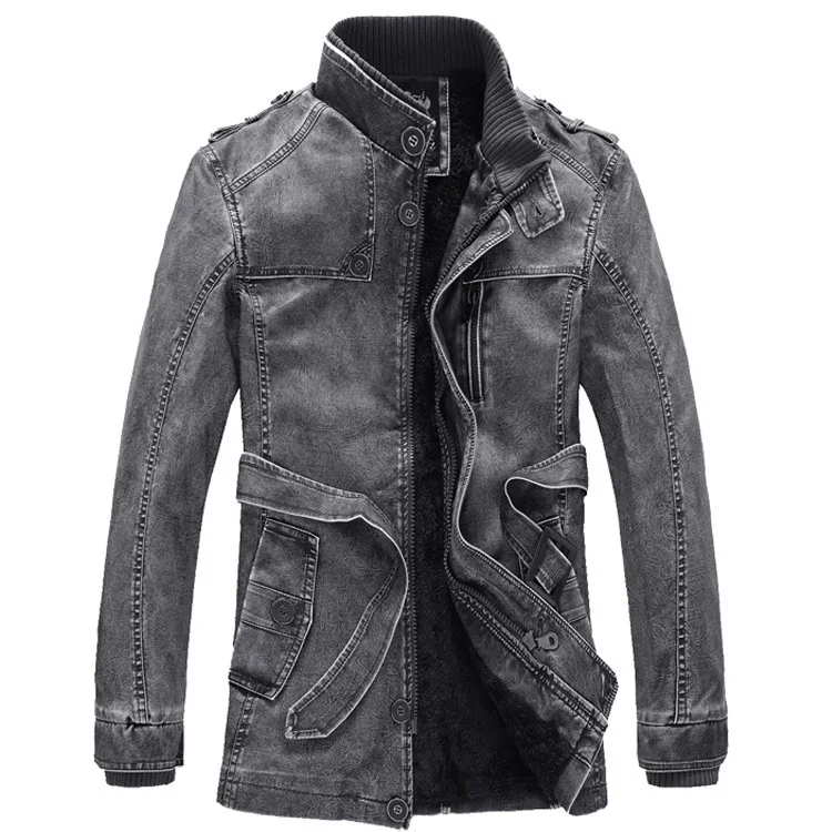 

Cross-border Europe And America Long Section Stand Collar Leather Jacket Slim Personality Wash Men's Locomotive Leather Plus