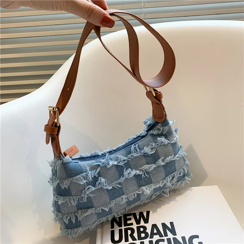 

Denim Plaid Women's Bag 2021 Summer New Fashion Simple Underarm Bag Personalized Single Shoulder Bag