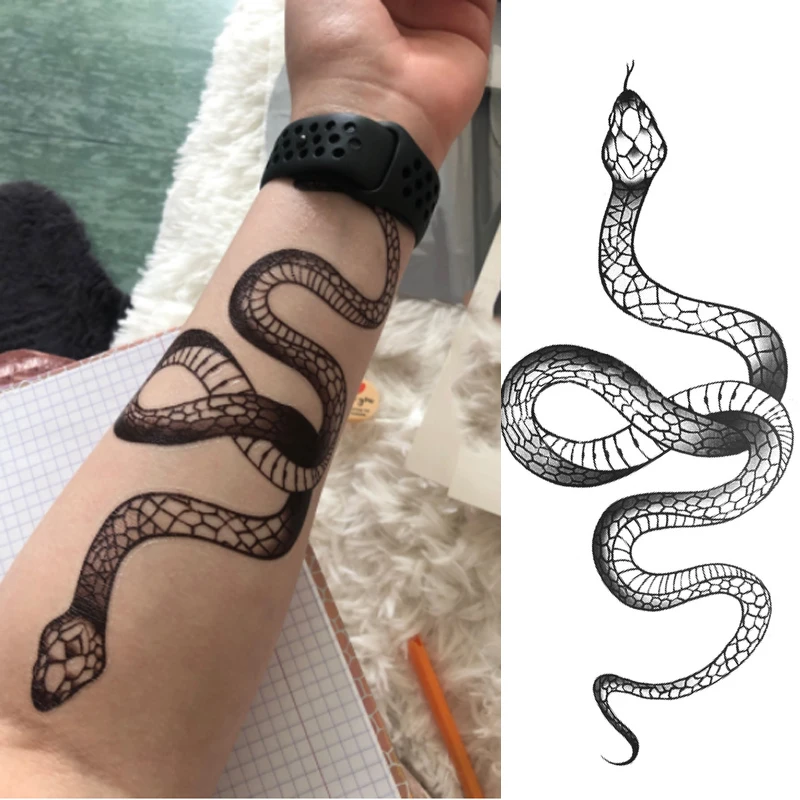 

Black Snake Tattoo Sticker Large Size Pink Waterproof Lasting Temporary Stickers Women Men Waist Body Decals Fake Tattoo
