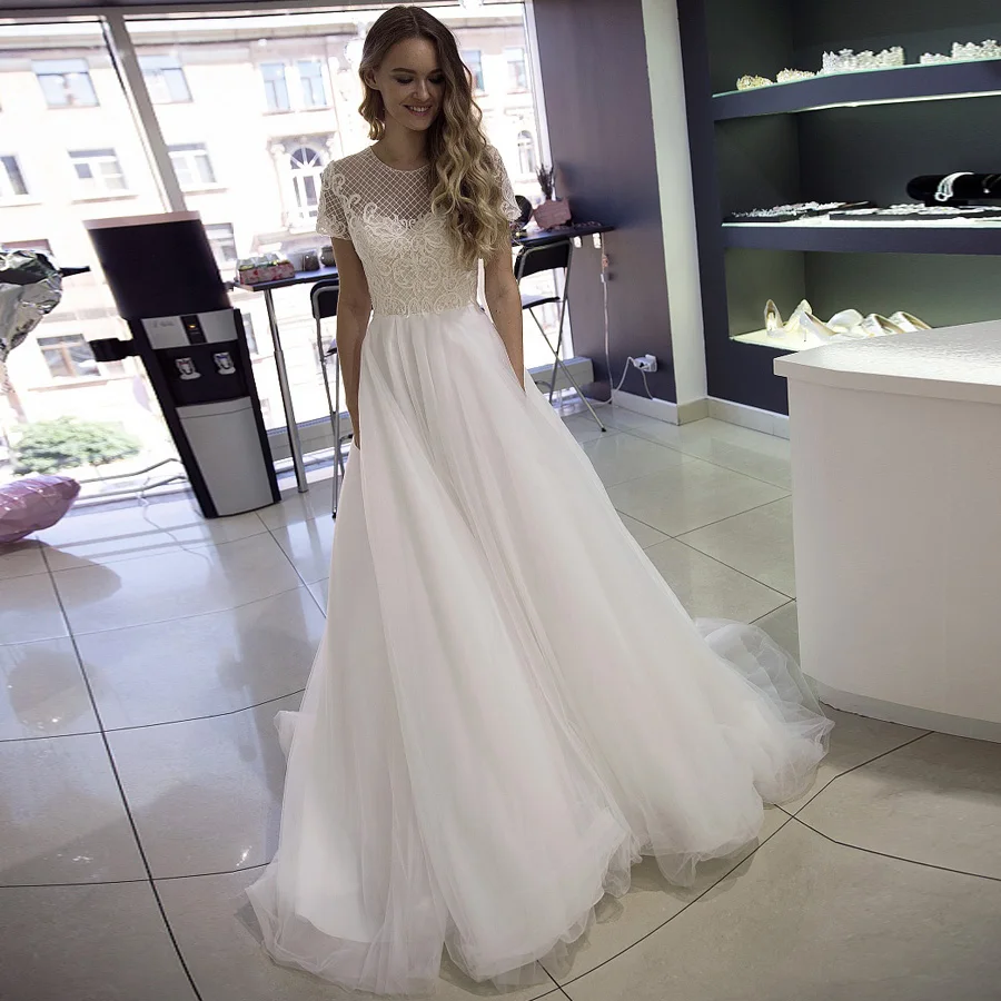 ADLN свадебное платье с коротким рукавом и круглым вырезом элегантное кружевное