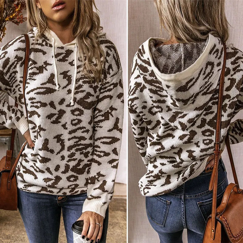 

Leopard Sweater Hooded Oversized Pullover Loose Sweaters Female Leopard Warm Pullover Sweater Tops White