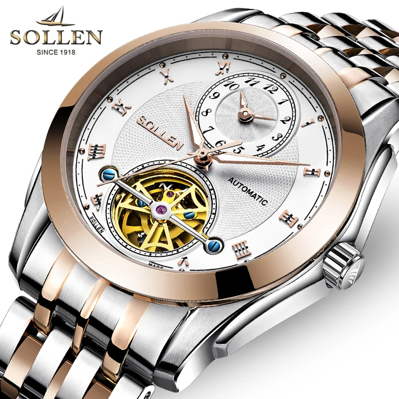 

Switzerland SOLLEN Men's Watches Automatic Mechanical Luxury Brand Multi-function Skeleton Waterproof Luminous Hands Clock SL501