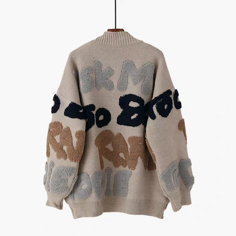 

New Fashion Elegant Loose Knit Cardigan Sweater Long Sleeve Warm Letter Print Women Casual Coats Chic Sweaters Outerwear Elastic