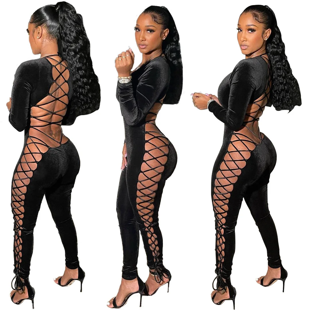 

Black Velvet Hollow Out Jumpsuit Woman Long Sleeve Bodycon One Piece Overalls Rompers Party Nightclub Bandage Playsuit