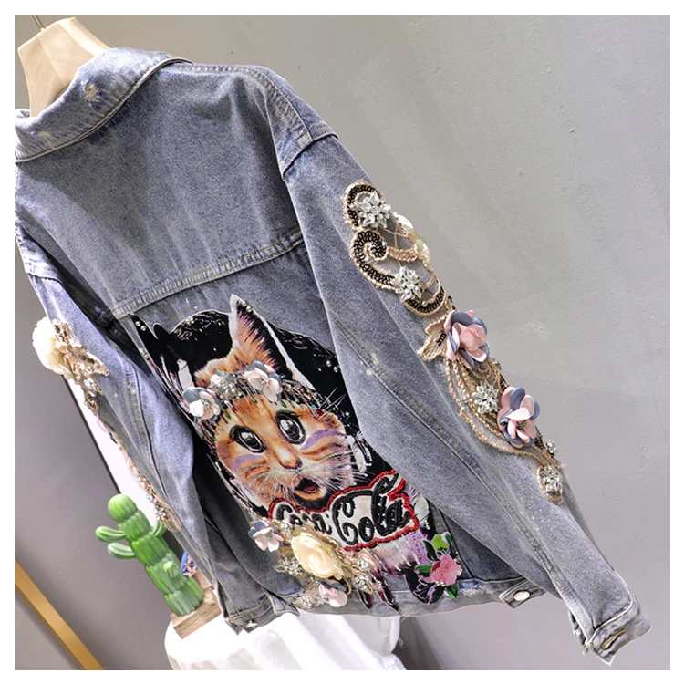 

Single-Breasted Diamond Denim Jacket Female 2020 new Loose Cartoon Printing Embroidery Flower Women Black Jacket Outerwear