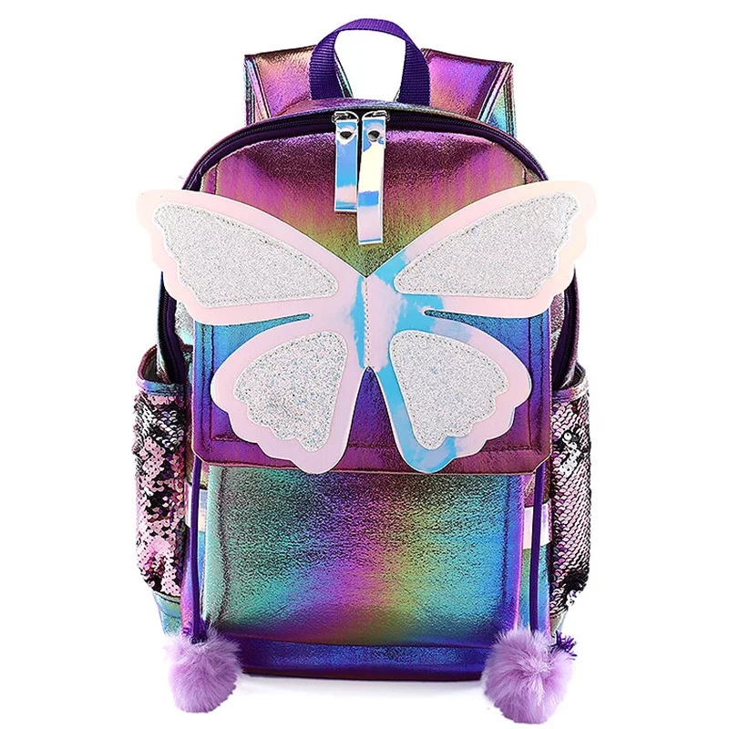 Рюкзак с лазерным принтом русалки для девочек, школьный ранец с блестками и крыльями бабочки, дорожные уличные ранцы на плечо