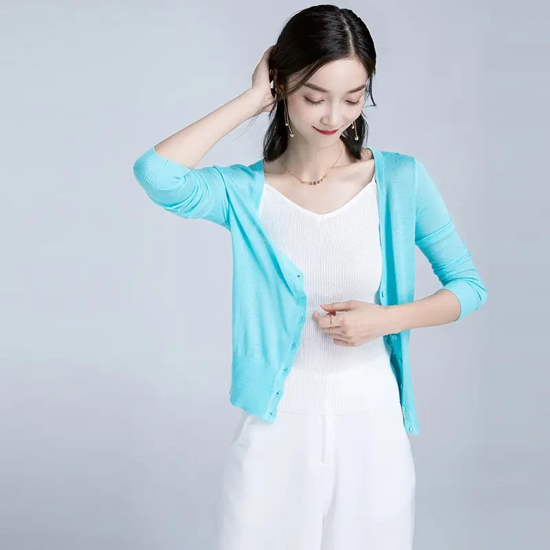 Женская тонкая куртка с длинным рукавом синий зеленый однобортный Кардиган