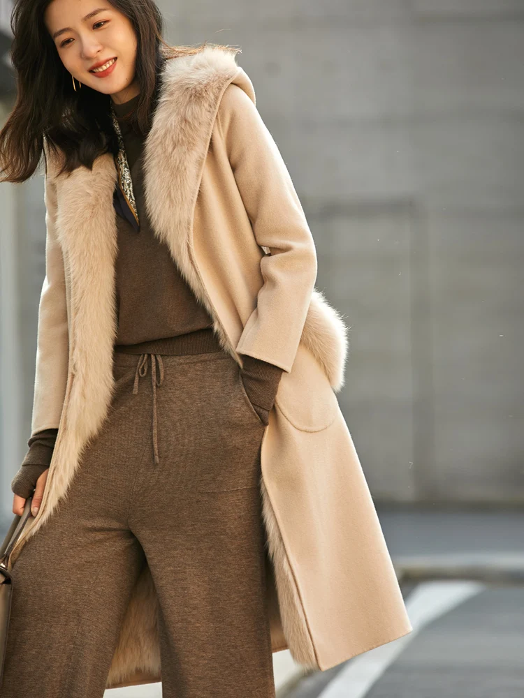 

JCHB 2021 Real Fox Fur Coat Female 100% Wool Woman Jacket Korean Hooded Jackets for Women Autumn Winter Ropa Para Mujer Pph3030