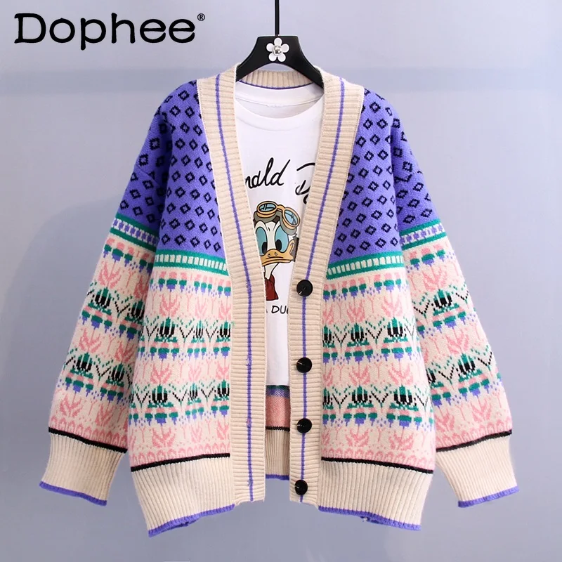 

Женский трикотажный кардиган в стиле ретро, контрастная Свободная верхняя одежда, плотный свитер в Корейском стиле, Осень-зима 2021