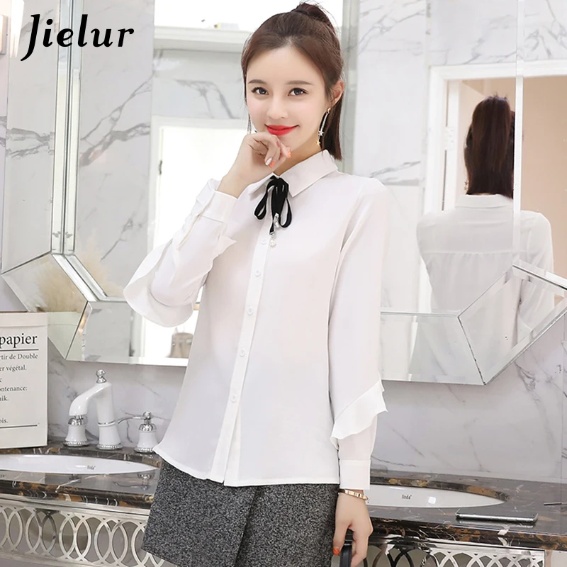 Jielur Lace Up Bow Tie Autumn Women Chiffon Blouse Ruffles Patchwork White Shirt Leisure Long Sleeve Pink Ladies Blusas Tops XXL | Женская