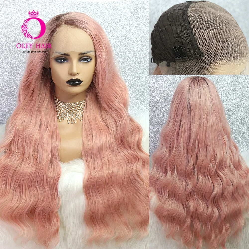 Pink Wig With Brown Roots Glueless 13*6 Synthetic Lace Front Wig Loose Wave Cosplay/Daily Cosplay Wigs For Black Women OLEY