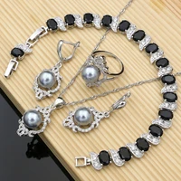 elegant gray pearl 925 silver jewelry sets wedding bridal stones bracelet rings jewelry kits gift for her