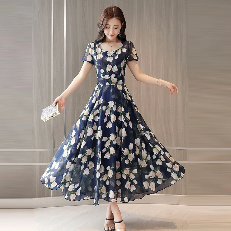 Летняя мода Цветочный принт шифоновое платье женские большие размеры элегантный