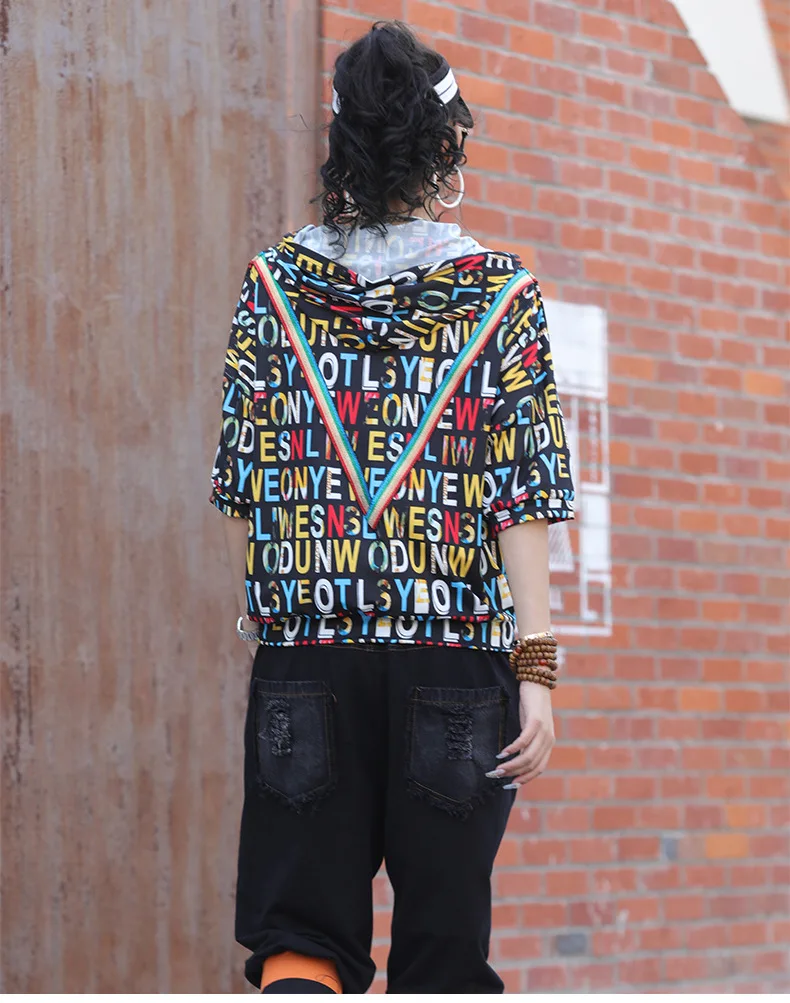 

Vefadisa Black White Letter Print Women T-shirt 2021 Summer Hooded Pullover Top Short Sleeve Women T-shirt Casual QYF5346