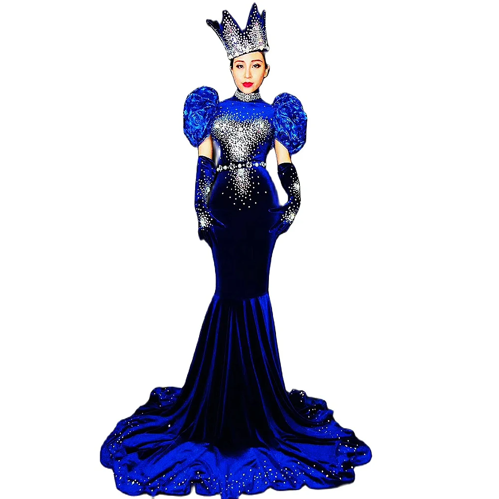 

Sparkling Rhinestones Fishtail Dresses Velvet Puff Sleeve Floor-Length Dress Women Party Evening Costume Nightclub Show Wear