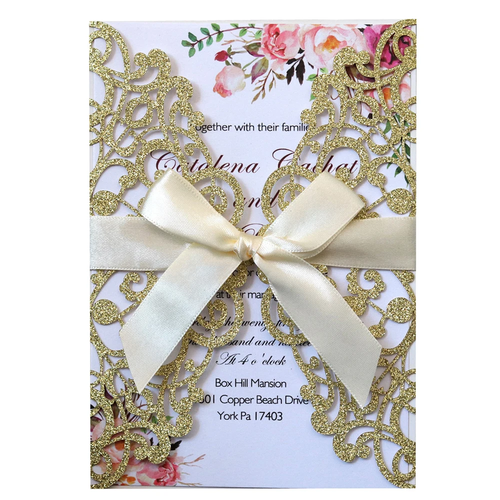 

Glitter Laser Cut Wedding Invitations with Ribbon and Envelopes for Engagement Bridal Shower Birthday Party Cards